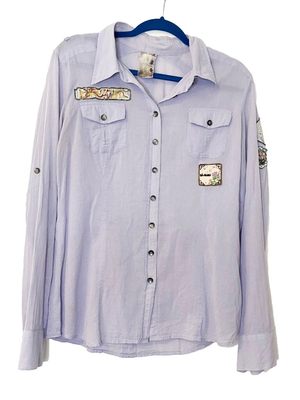 Da-Nang Lavender Patch Button Up Shirt Boho Utility Top Cotton Long Sleeve Large